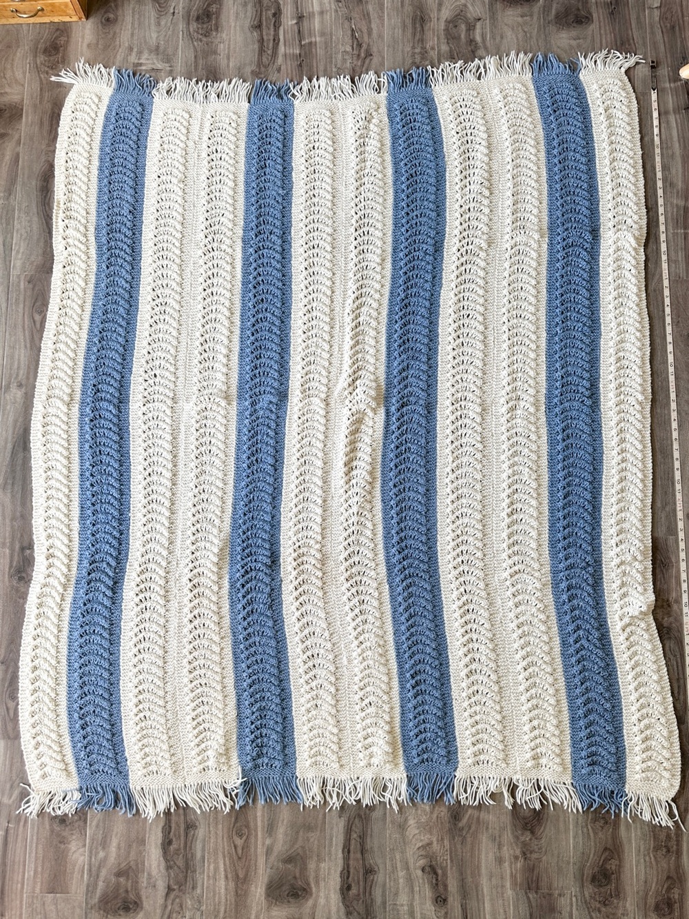 Large Blue and Cream Nautical Striped Crochet Throw Blanket Handmade Classic